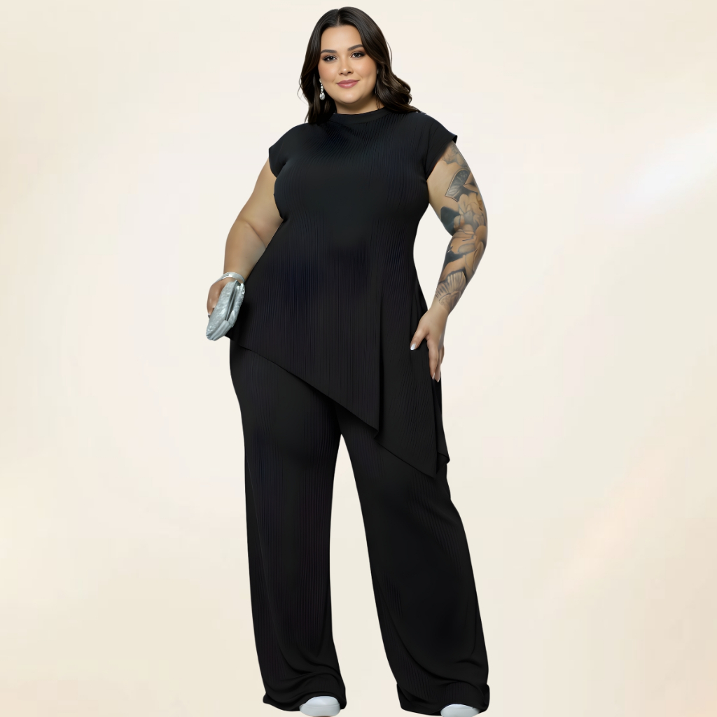 Conjunto Feminino Moda Plus Size Calça Pantalona Blusa Bata