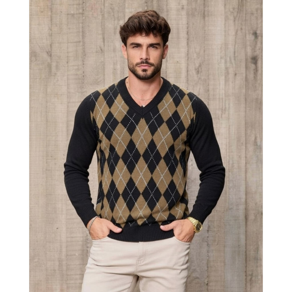 Suéter Masculino Tricot Xadrez Elegante Blusa Xadrez Masculina