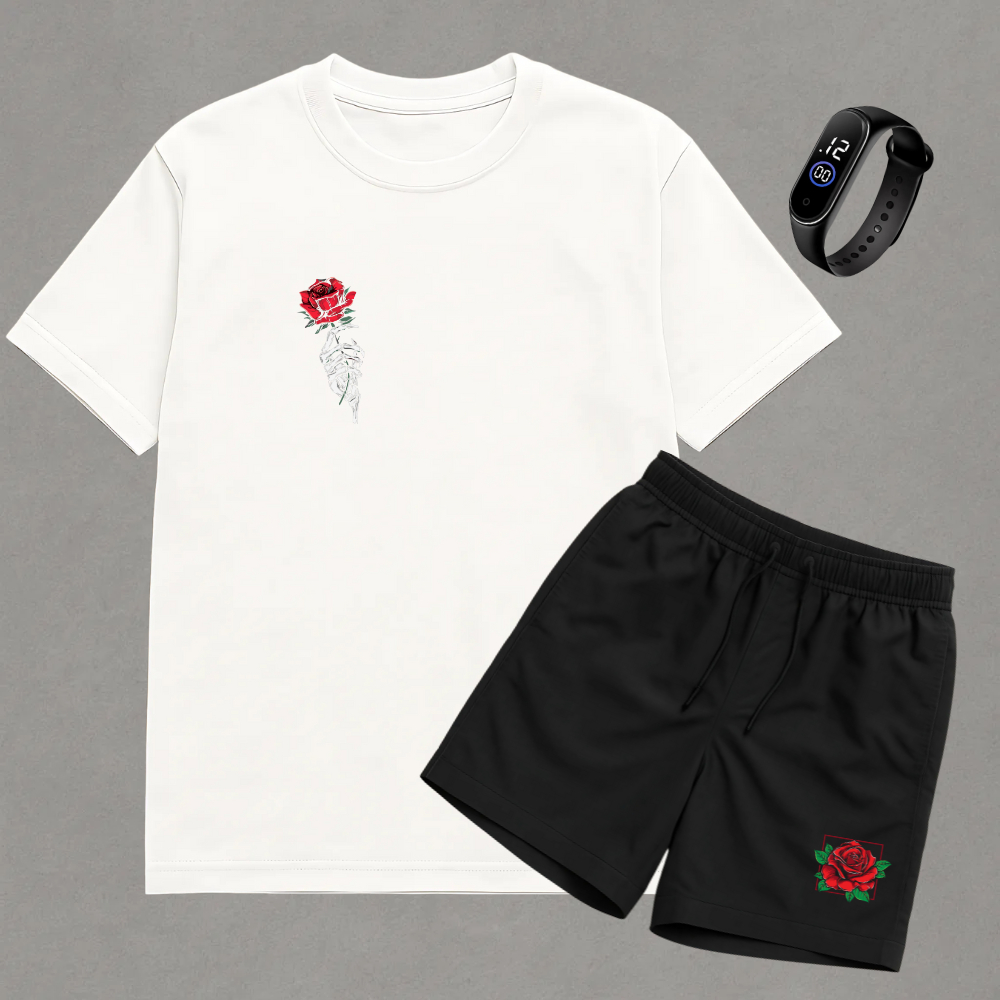 Conjunto Kit Camiseta Short Bermuda Masculino Estampado Rosa Mão Caveira Estiloso Streetwear Relogio Digital De Brinde