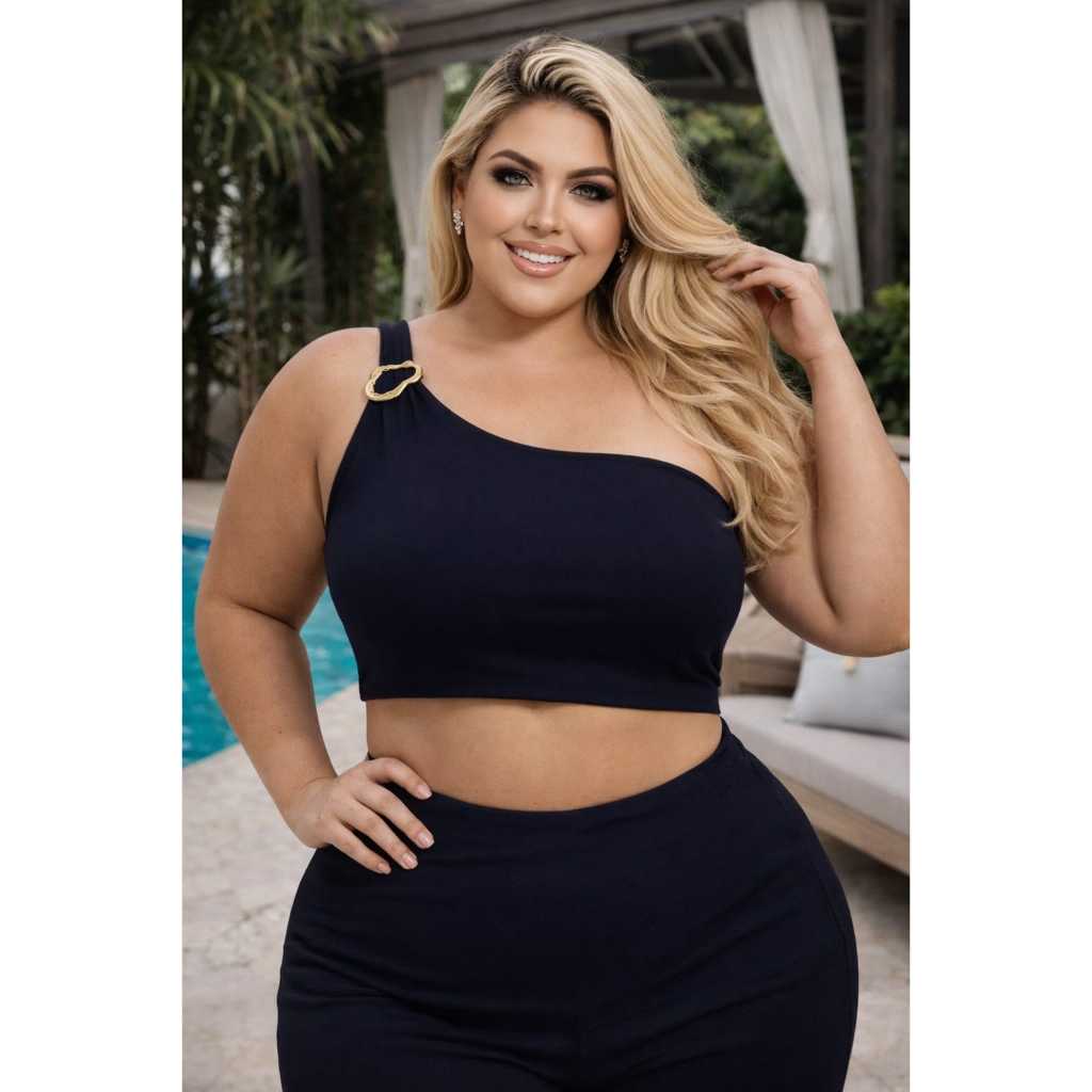 Top Pluz Size Feminino Preto- Um Ombro Só com Fivela dourada - todo forrado - Cropped em Ribana premium