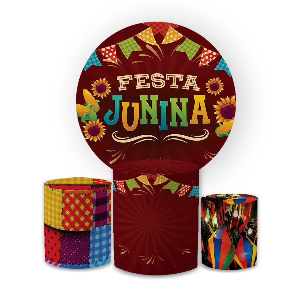 Capas Painel Redondo + Trio Cilindros Festa Junina Arraiá Roça Veste Fácil Bibi Paineis Oferta
