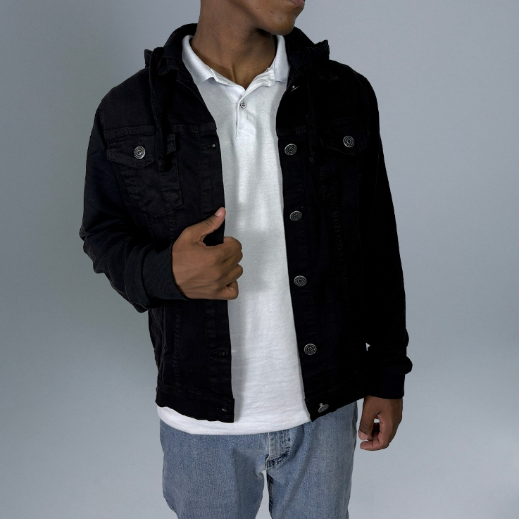 Jaqueta Jeans Preta Masculina Com Capuz Slim Casual Inverno Bolso Frontal Streetwear Moda Urbana