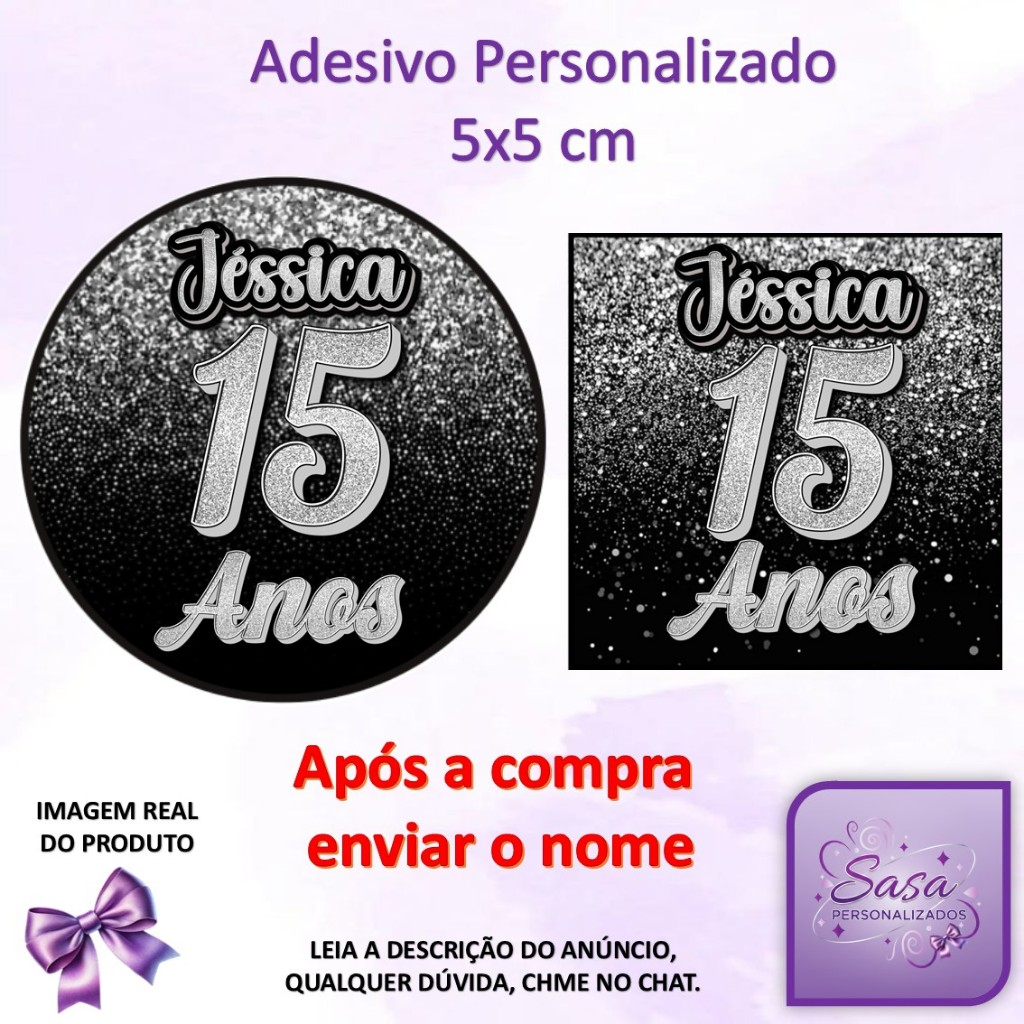 TAG ADESIVA IDADE 15 ANOS PRETO/PRATA - 40/60/100 unidades (com nome) em Oferta na Shopee