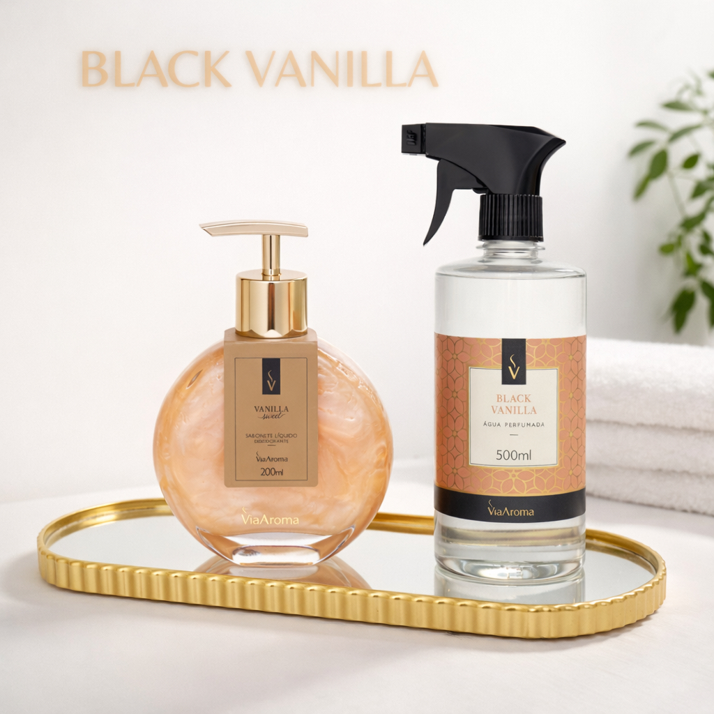 Kit Via Aroma Água Perfumada com Sabonete Liquido e Bandeja Decorativa Espelhada