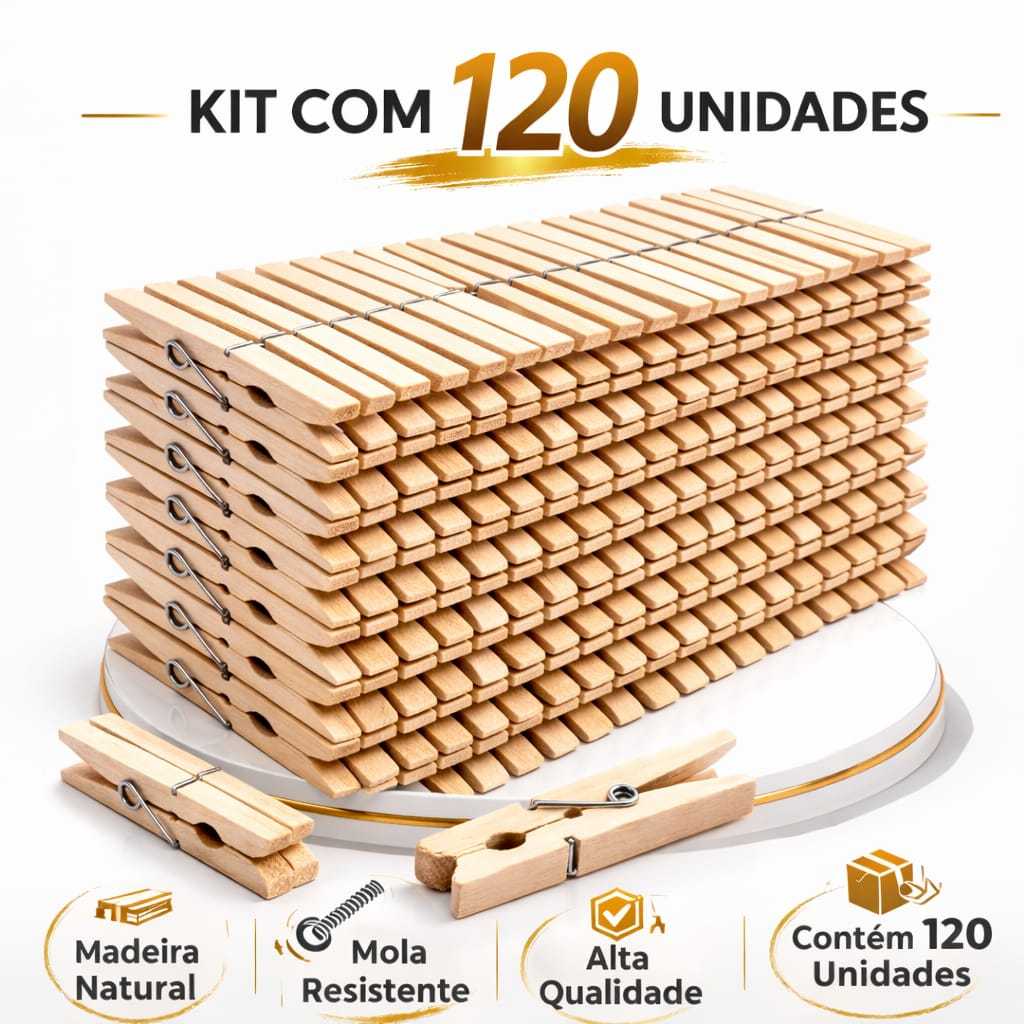 Prendedor de Roupa de Madeira Reforçados Kit com 120 Antideslizantes para Varal em Oferta na Shopee