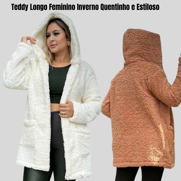 Casaco Feminino Teddy Longo Sobretudo De Inverno Peluciado