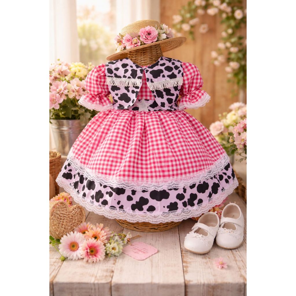 Vestido Junino Infantil Vaquinha Festa Junina Vaquinha Fazendinha Aniversário Temático Xadrez Caipira Arraial