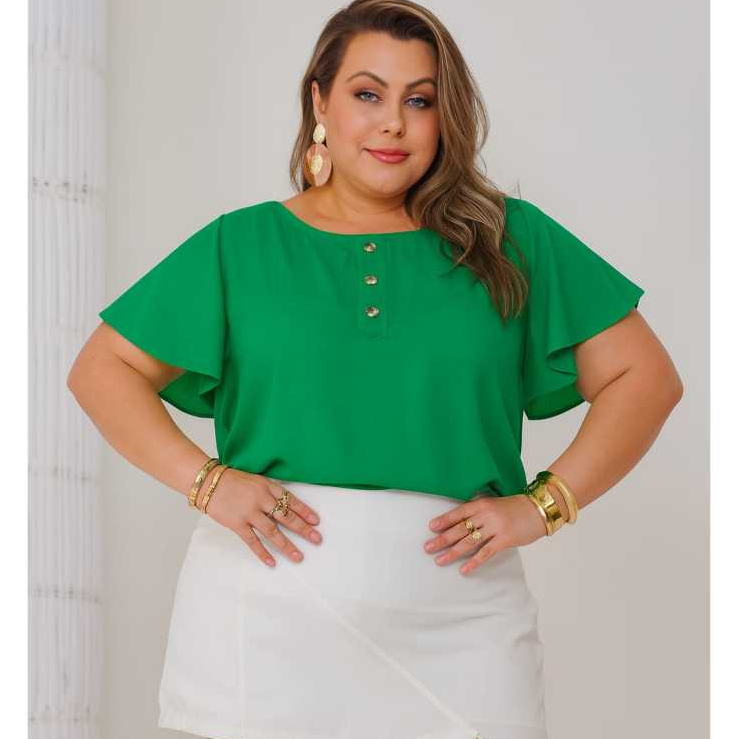 Blusa Viscolinho Plus Size Feminina Manga  Soltinha com Botões  Decorativos na Frente GG ao G3 em Oferta na Shopee