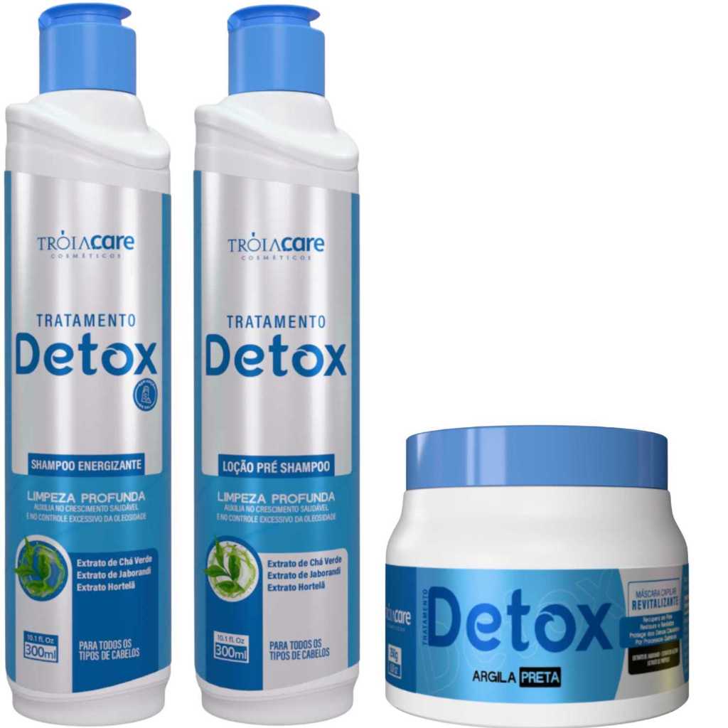 KIT Detox Capilar Tróia Hair 300ml — Shampoo + Loção + Máscara Argila Preta | Limpeza Profunda, Controle da Oleosidade