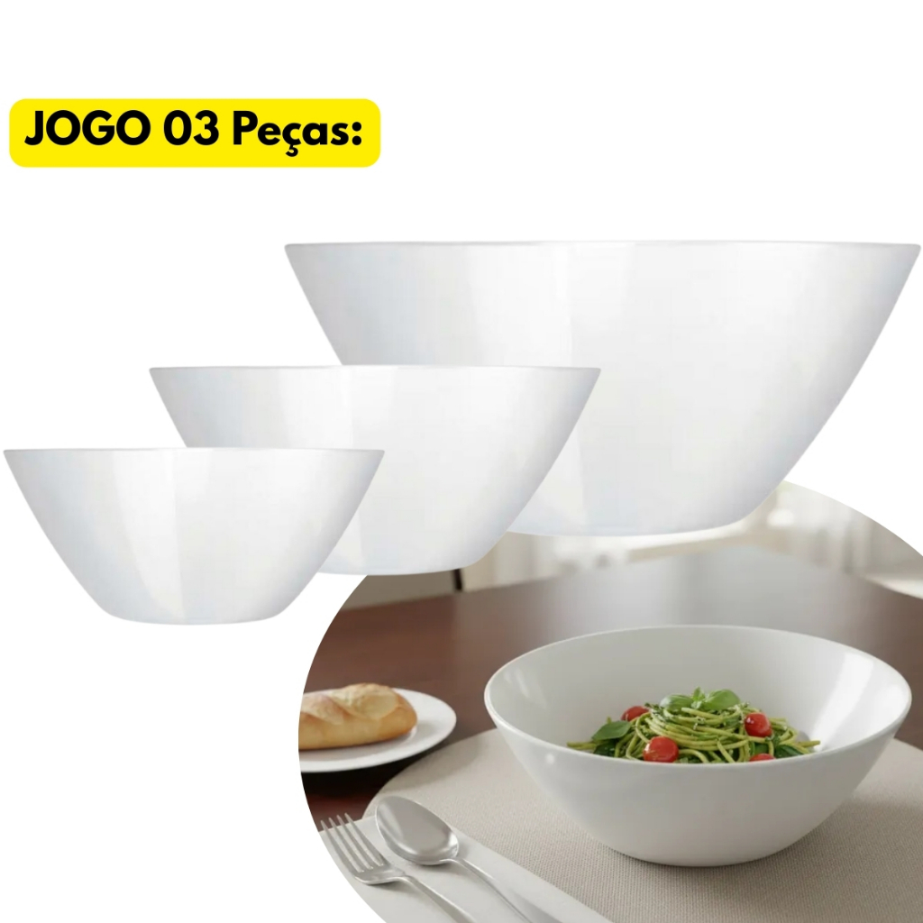 Jogo 03 Saladeiras Cumbuca Vidro Branco 2,4L + 840ML + 390ML Redondo Bowl Caldo Petisco Mesa Posta