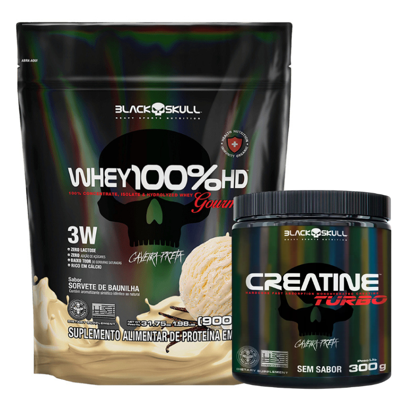 Kit Whey 100% HD Gourmet 900g + Creatina Turbo 300g - Black Skull em Oferta na Shopee