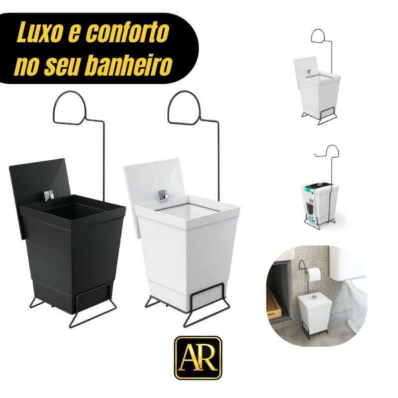 Lixeira para Banheiro de Luxo STOLF 6,5L com Suporte Cromado Preta e Branca