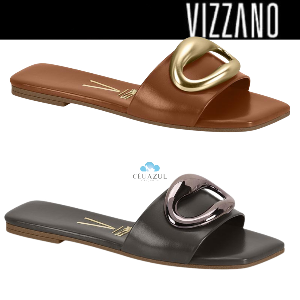 Rasteira Feminina Vizzano Slide Bico Quadrado Detalhe Ouro Original em Oferta na Shopee