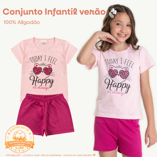 Conjunto Infantil Feminino menina verão Silk Gatinha Happy camiseta e Bermuda Tam 1 ao 14…