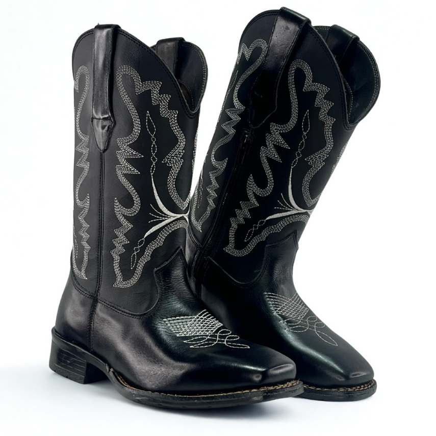 Bota Country Texana Couro Feminina Bico Quadrado Cano Longo