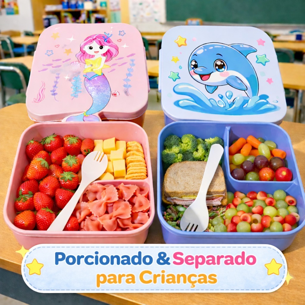Marmita Infantil Escolar com Divisória e Colher Lancheira Kids Sereia Golfinho BPA Free Rosa Azul em Oferta na Shopee