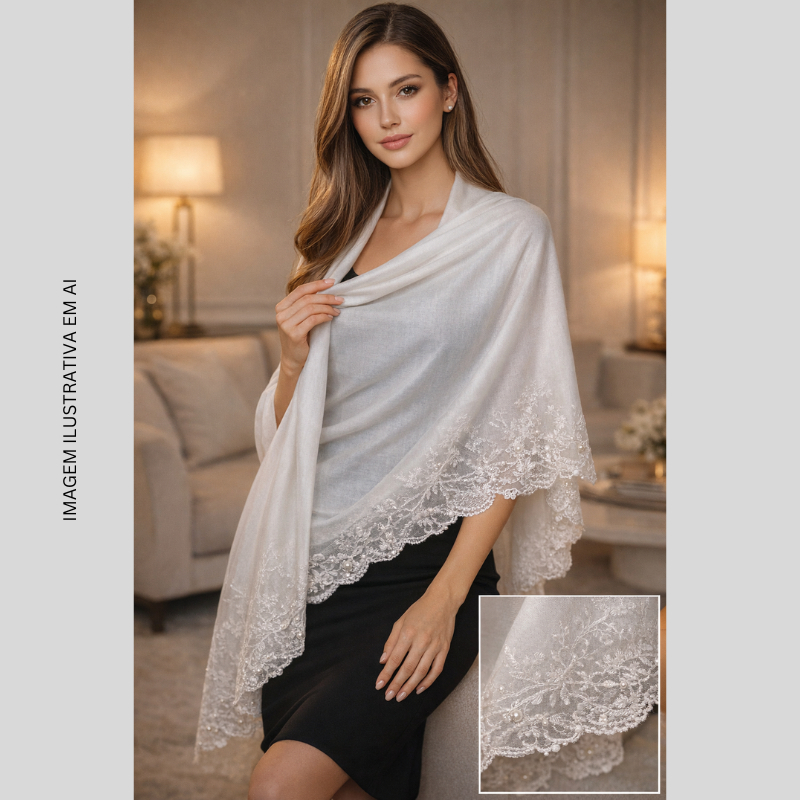 Lenço Pashmina com Renda E Pérolas  Feminino eleva qualquer look Elegante cores claras e escuras comprimento 180cm