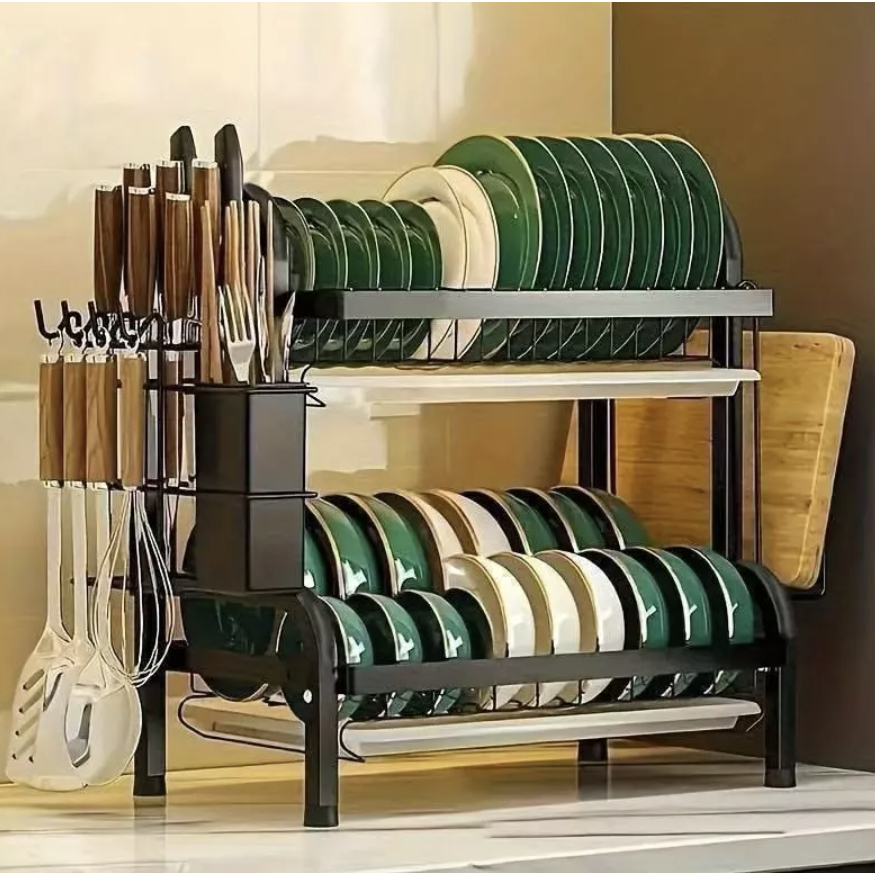 Escorredor de Louça Premium 2/3 Andares Preto Fosco Alta Capacidade17 Pratos, Estrutura Reforçada e Bandeja Coletora