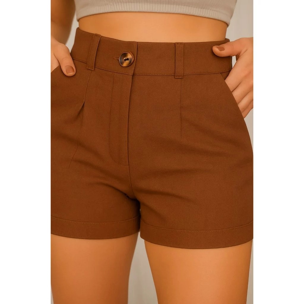 Short feminino  linho social com bolsos bermuda cintura alta com ziper, pasante e  casual