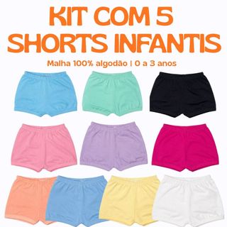 Kit 5 Shorts tapa fraldas Bermudas Infantis/ Bebê lisos de Algodão para o Calor de Verão Confortáveis