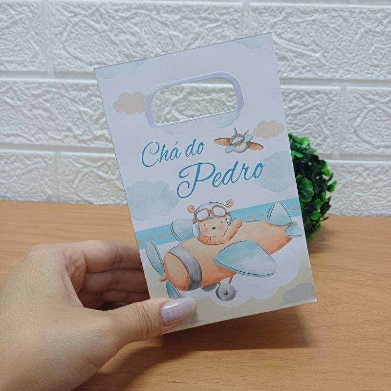 Sacolinha Personalizada Ursinho Aviador Aquarela (PEGUE E MONTE) Sacolinha Surpresa Lembrancinhas para festa UrsoAviador