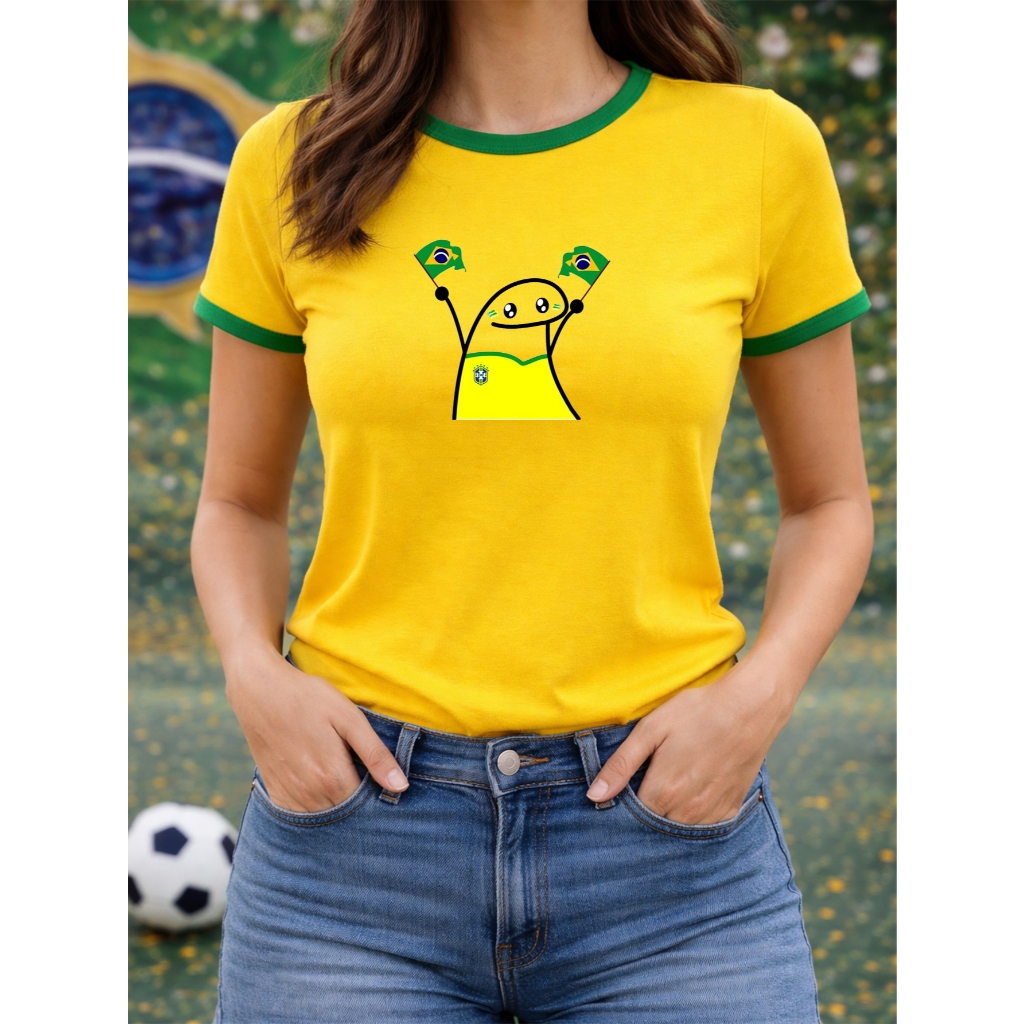 Camiseta Blusinha Feminina Babylook Copa do Mundo Brasil Hexa Brasileira Torcedora Flork Meme 100% Algodão