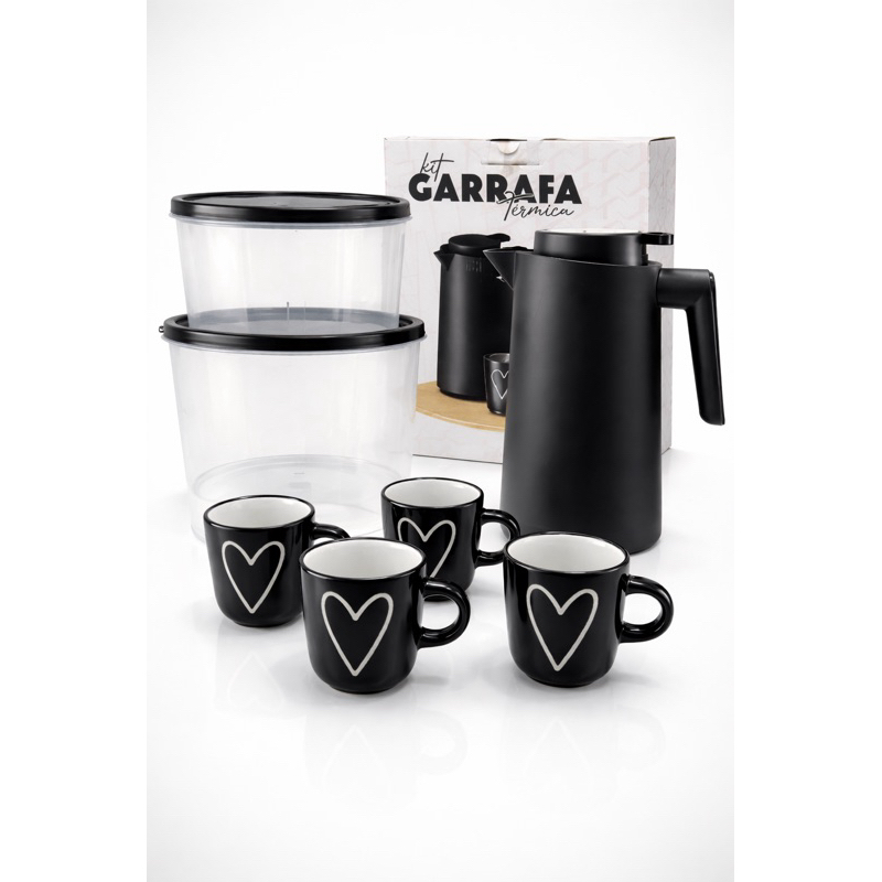 Kit Pix lar Garrafa Térmica 1L + 4 Canecas Porcelana + 2 Potes (2L e 5L) | Kit Café Completo