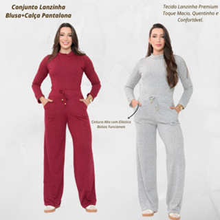 Conjunto Feminino Lanzinha Premium Elegante Frio Blusa Manga Longa + Calça Pantalona Outono/Inverno em Oferta na Shopee
