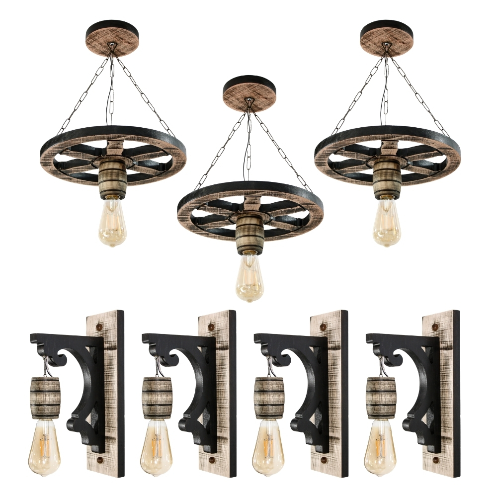 Kit 7 Luminárias Pendente Roda de Carroça e Luminárias Arandela Clássica Para Decoração - Rústico