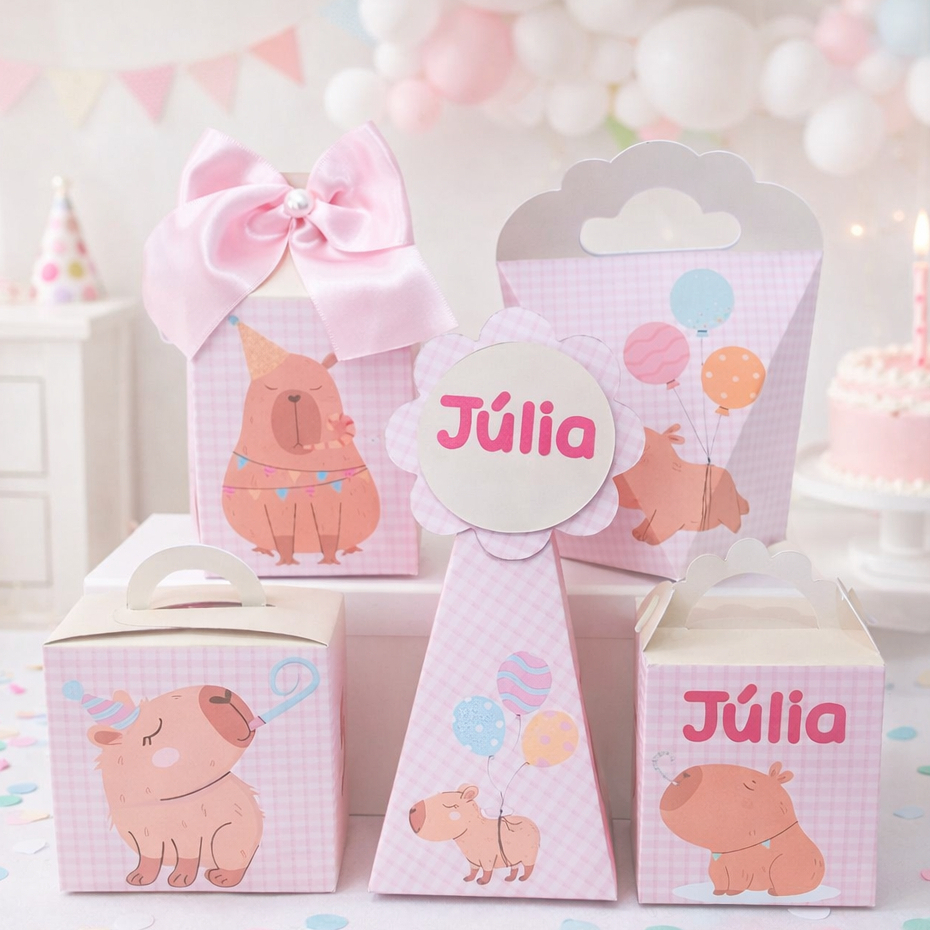 Kit 50 Caixas Capivara Cute Festa Personalizados Lembrancinhas Caixinhas Aniversário Pegue e Monte