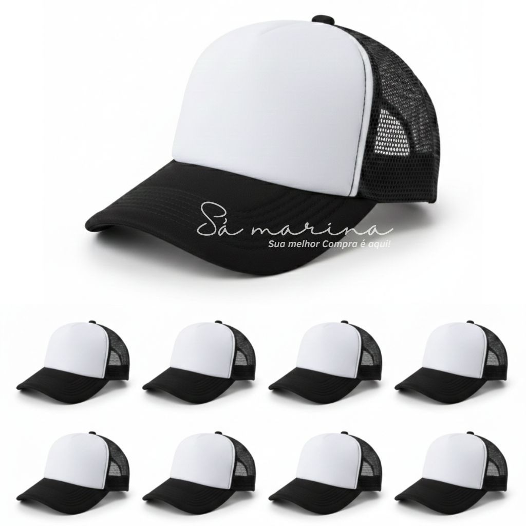 KIT 10 Boné Telinha Trucker Boné Americano Aba Curva Preto Liso TRUCKER