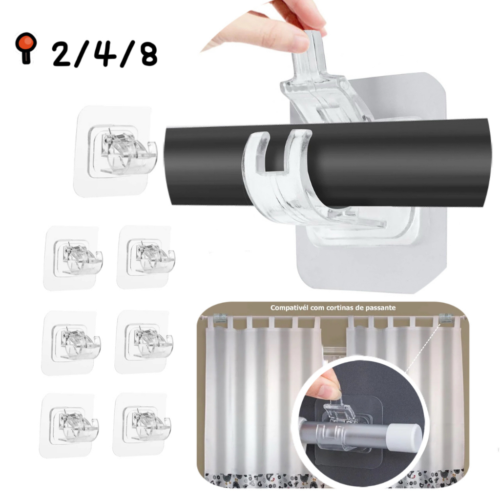 2/4/8pcs Suporte De Haste De Cortina Autoadesivo Ganchos Clipes De Parede Ajustáveis Para Parede em Oferta na Shopee