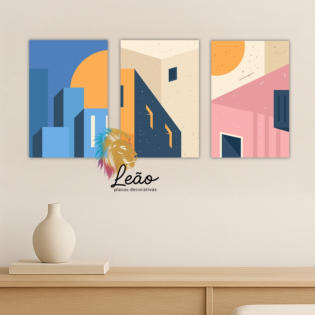 Quadro Decorativo MDF - imagem Moderna Arte Geométrica | Arquitetura Minimalista Clean - kit 3 placas 20x30cm