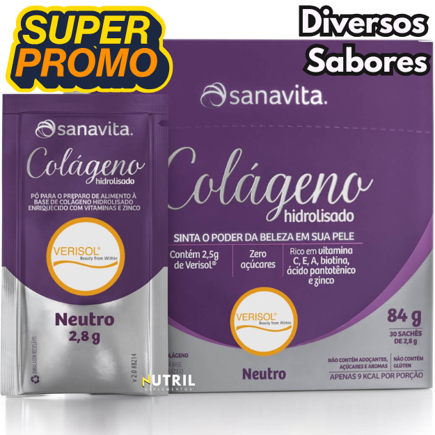 Colágeno Hidrolisado Verisol Sanavita 30 sachês - O melhor p/ Previnir Flacidez da pele e Rugas