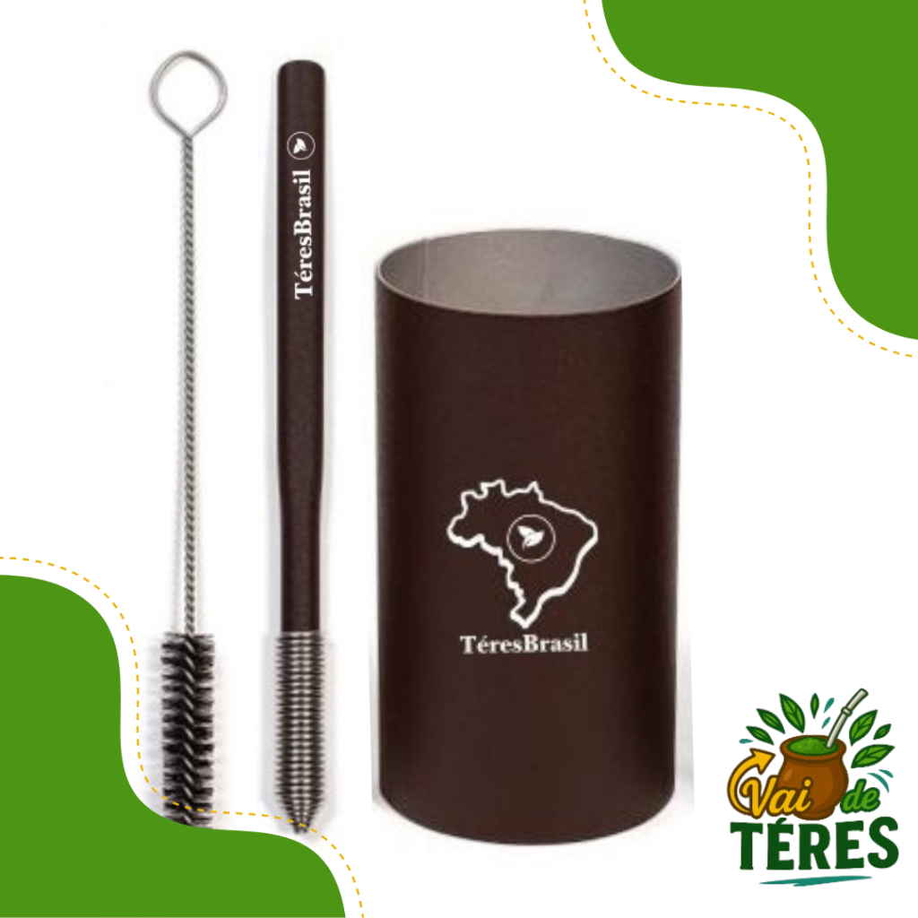 Kit de tereré bomba bicudinha mola polida inox e copo redondo polido Inox Téres Brasil pintado ou polido