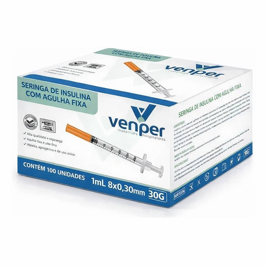 Seringa Insulina 1ml Agulha Fixa 8x0,30mm 30G Venper - 100un em Oferta na Shopee