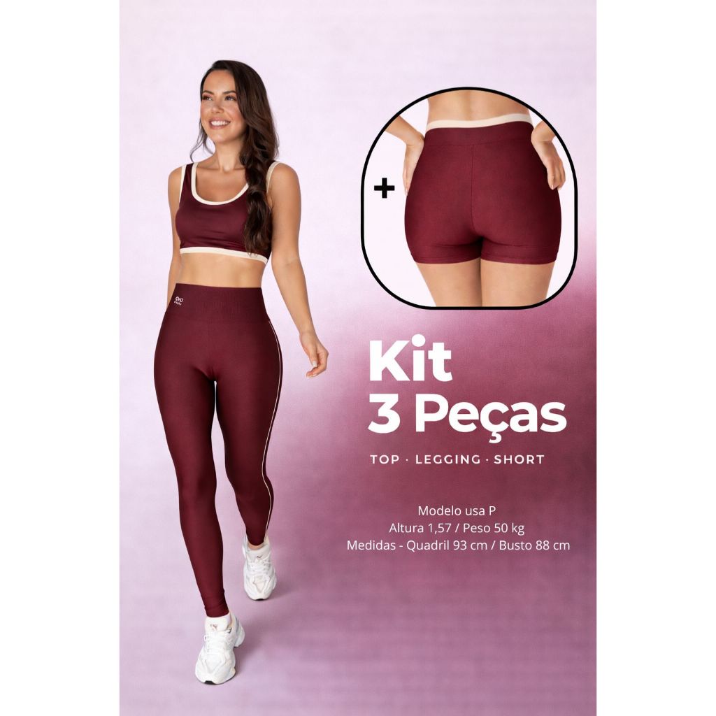 Kit fitness TOP, SHORTS E LEG BORDO COR CONTRASTANTE