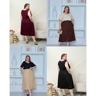 Saia plus size midi de linho com botão e bolso em Oferta na Shopee