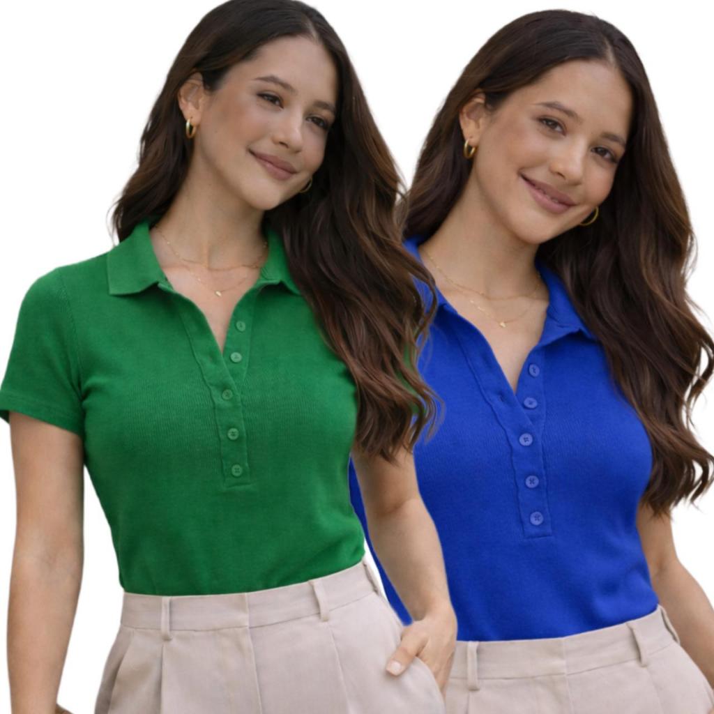Kit 2 Body Feminina Gola Polo Com Botões Manga Curta Canelado