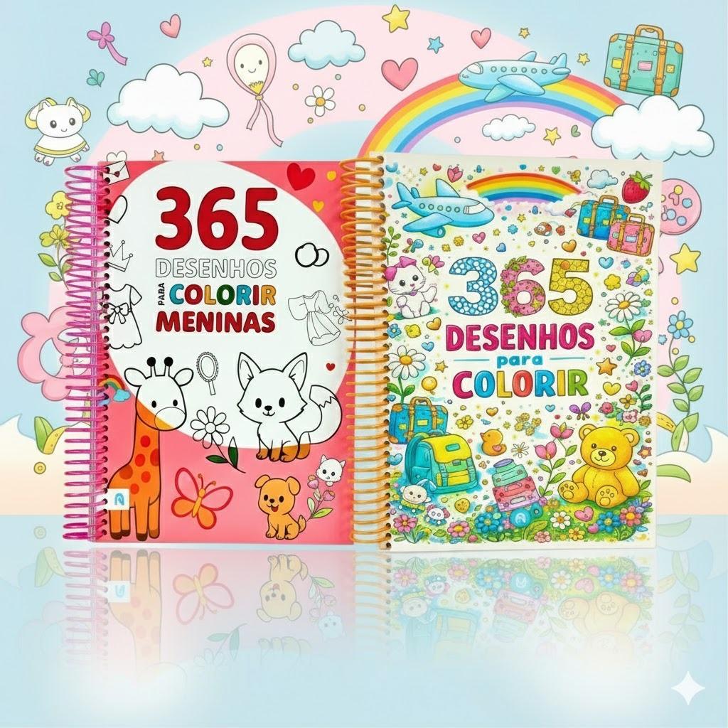 Kit 2 Livros 365 Desenhos Meninas 365 Desenhos para Colorir Branco Caderno para Colorir