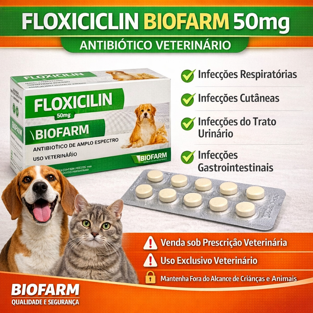 Antibiótico Floxiclin Enrofloxacina Biofarm 50mg – Blister 10 Comprimidos - Amplo Espectro