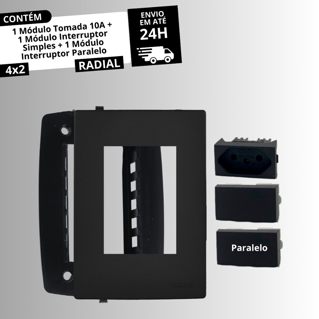Espelho 4x2 c/ 1 Módulo Tomada120A + 1 Módulo Inter Simples + 1 Módulo Inter Paralelo Ouro Pt RADIAL