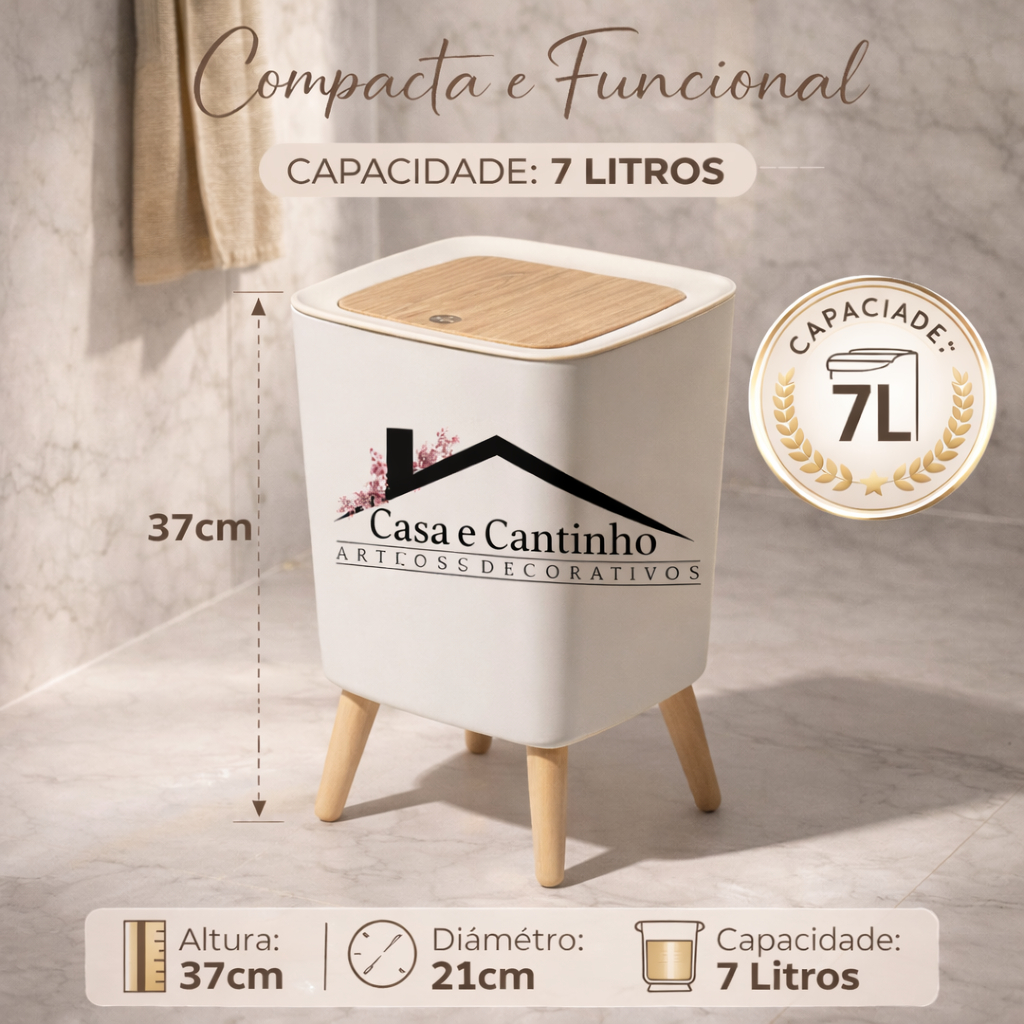 Lixeira De Plástico 7L Branca Quadrada Com Pés De Bambu Tampa Click De Pressão Cozinha Banheiro