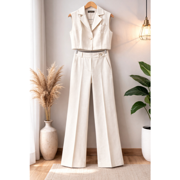 Conjunto feminino em marrant calça com bolsos cintura alta e colete com botão em Oferta na Shopee