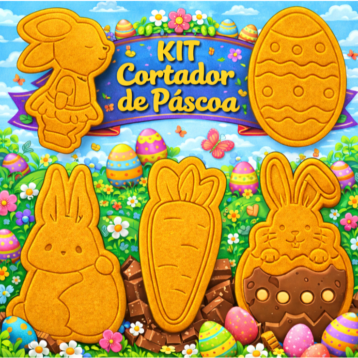 Kit Cortadores de Biscoito/Bolacha Páscoa 5 Peças - Coelho Cenoura, Ovo de Páscoa,  Confeitaria - Cortador Personalizado