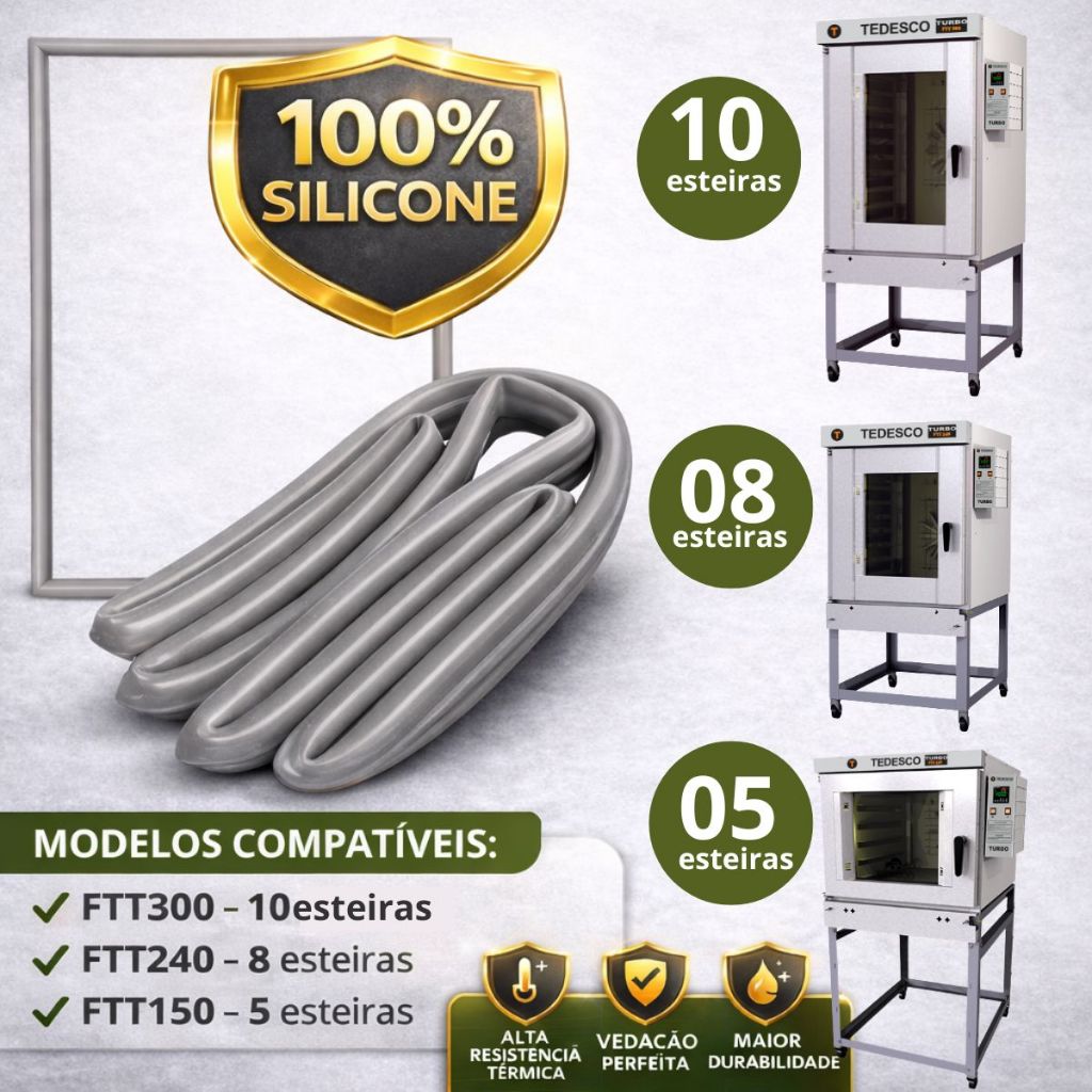 Perfil Silicone Borracha Vedação Fornos Tedesco 10, 8, 5 Esteiras FTT300 FTT240 FTT150