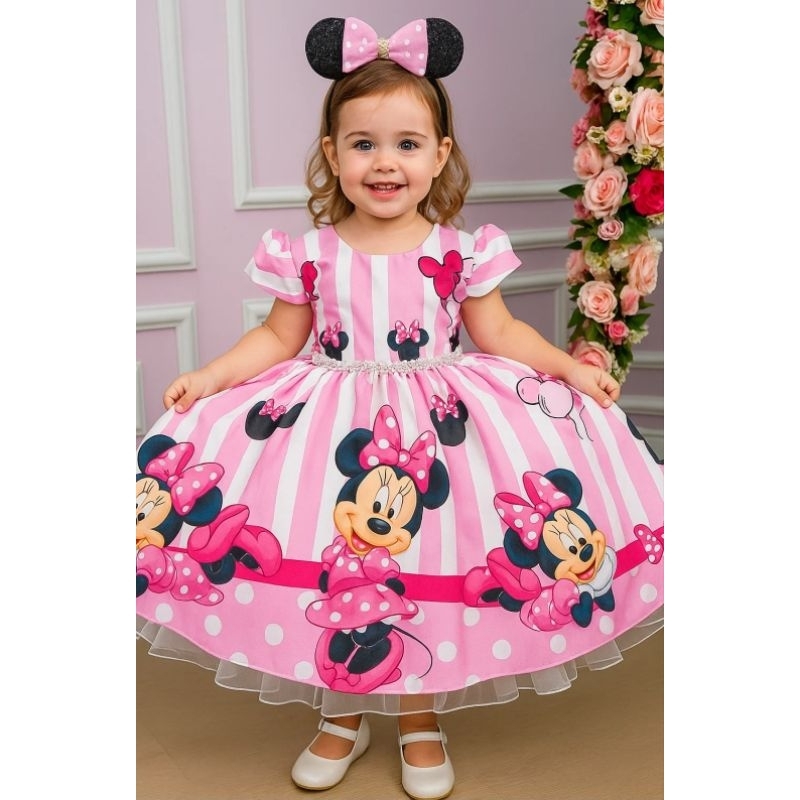Vestido Minnie Minie Rosa festa infantil aniversário temático luxo