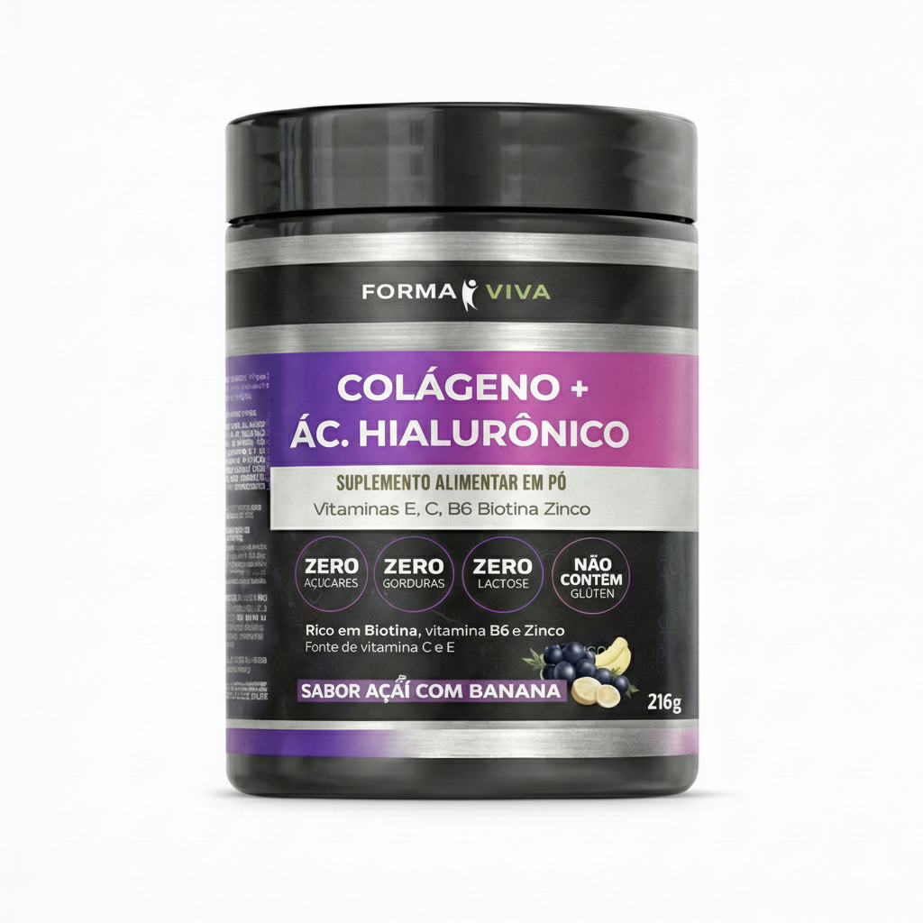 Colágeno + Ácido Hialurônico Forma Viva Colágeno Hidrolisado Zero Lactose Vitamina E, C, Vitamina B6, B7 Biotina e Zinco