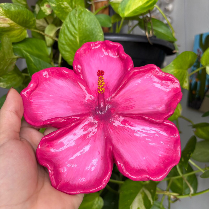 Porta joias de cerâmica fria, flor de hibisco rosa