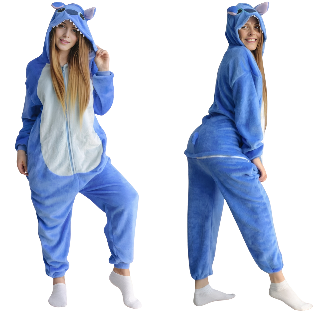 Pijama Stitch Angel Feminino Masculino Longo Zíper Quentinho e Peluciado